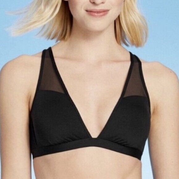 Shade & Shore Black Mesh Accent Triangle Bikini Top Cross Back Strap S 30A - Picture 2 of 10